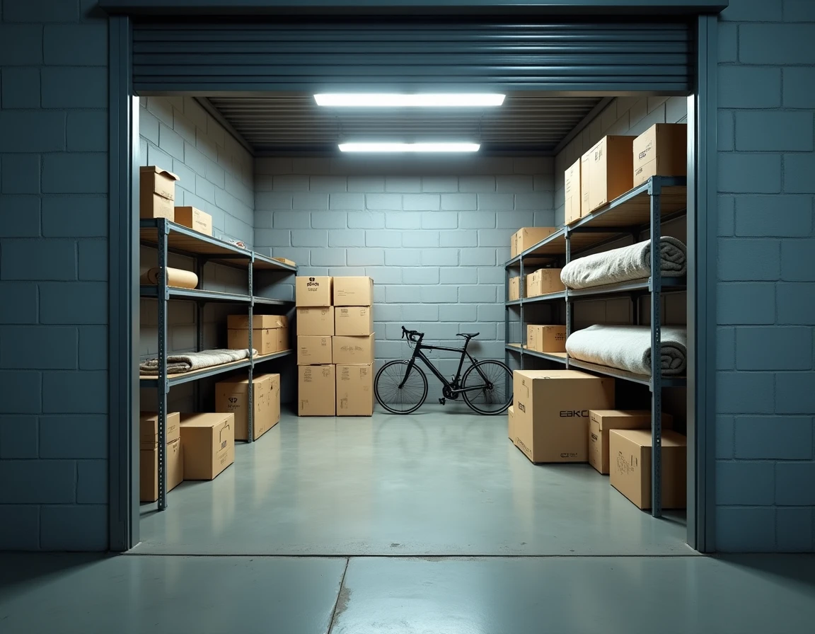 Intérieur d'un garde-meuble de 20 mètres cube rangé avec des cartons et des meubles dans un entrepôt moderne