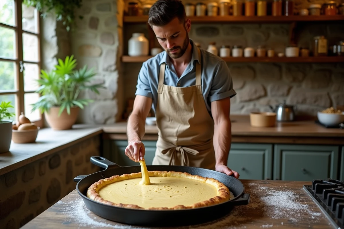 Jeune homme verse la pate de socca dans une poele en cuisine rustique
