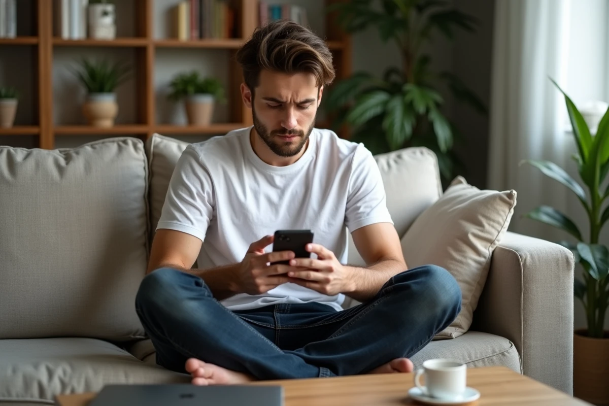 Jeune homme vérifiant son smartphone pour éviter les arnaques liées aux leaks PinkGeek sur les réseaux sociaux