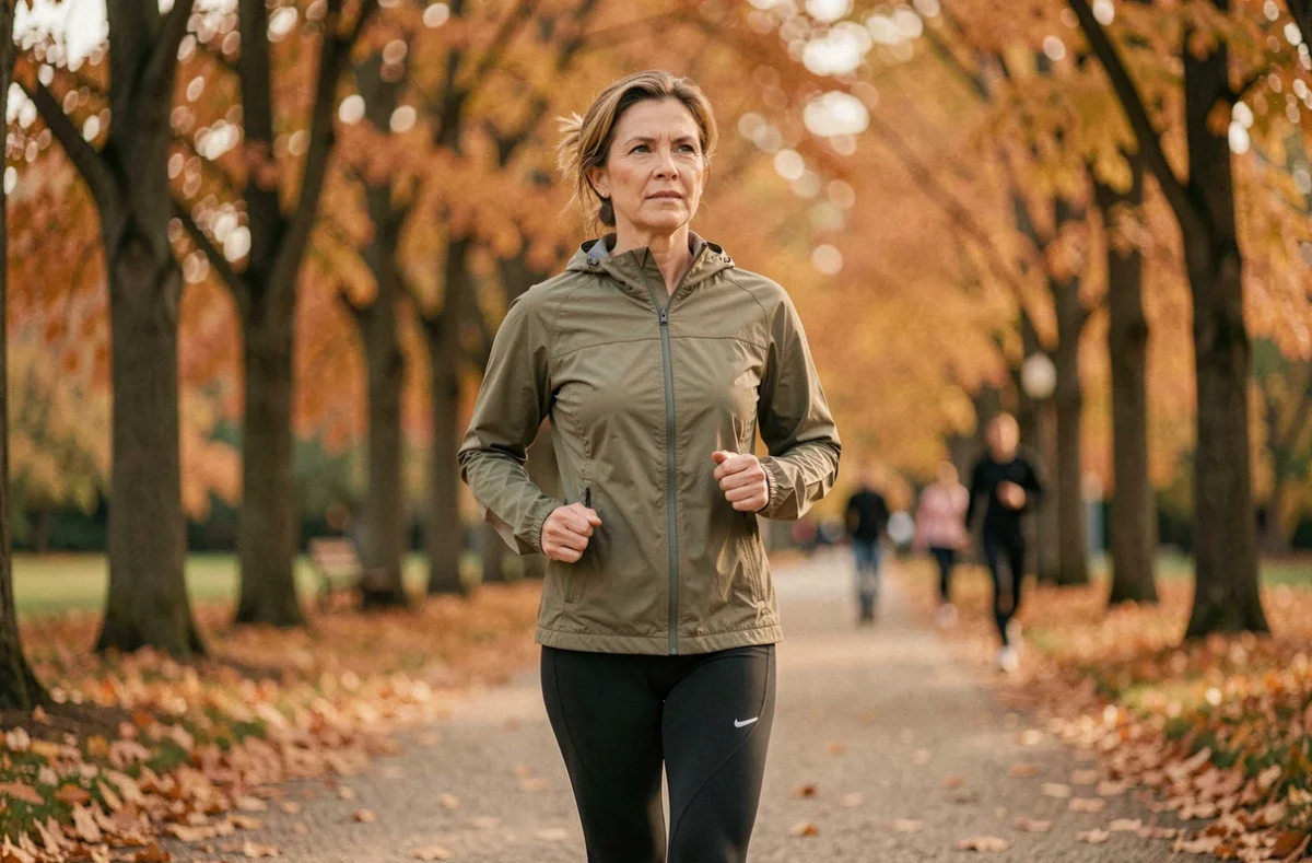 Femme faisant du jogging dans un parc en automne pour maintenir sa santé physique au quotidien
