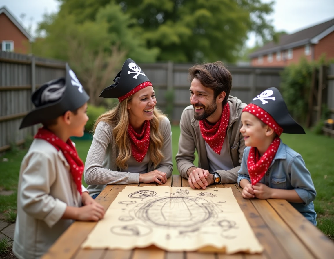 Une famille déguisée en pirates dans leur jardin autour d'une carte au trésor dessinée à la main, profitant d'une journée thématique sans programme imposé