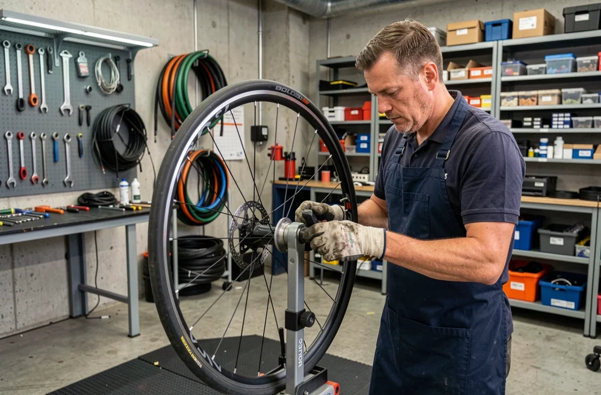 Mécanicien de vélo ajustant les rayons d'une roue de vélo de route dans un atelier urbain, illustrant le fonctionnement et l'entretien d'une roue