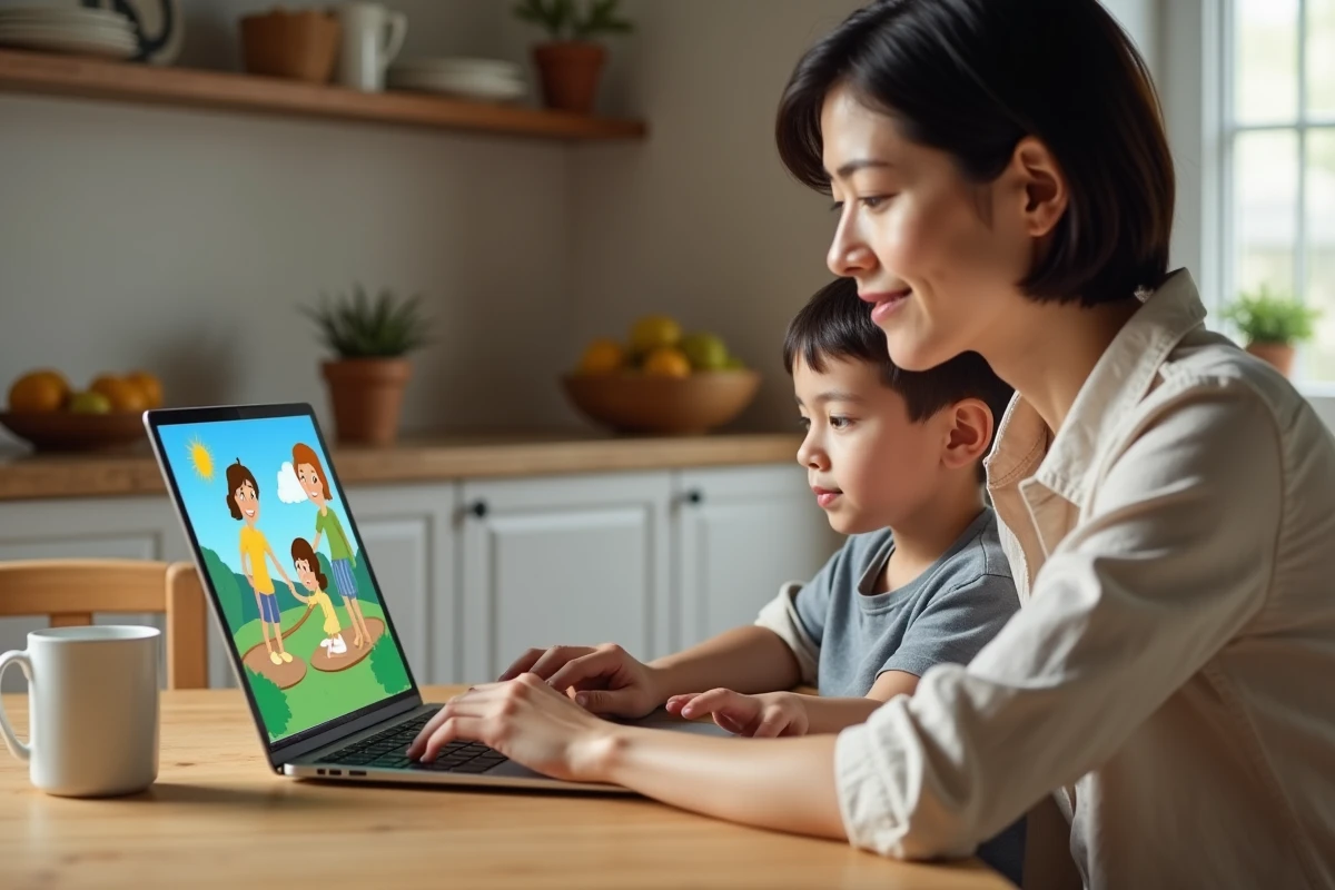 Mère et fils explorant ensemble des ressources éducatives en ligne sur un ordinateur portable dans la cuisine