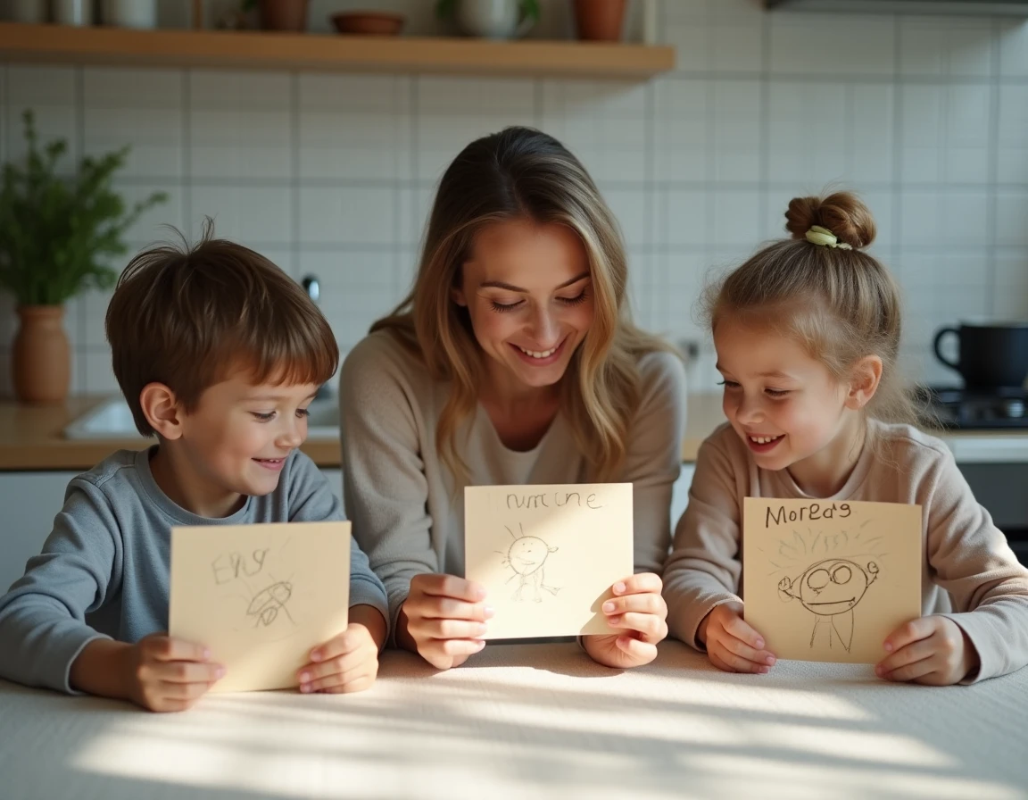 Une mère et ses enfants pratiquant un micro-rituel quotidien autour d'une table de cuisine, partageant un moment calme avec des petites cartes faites main