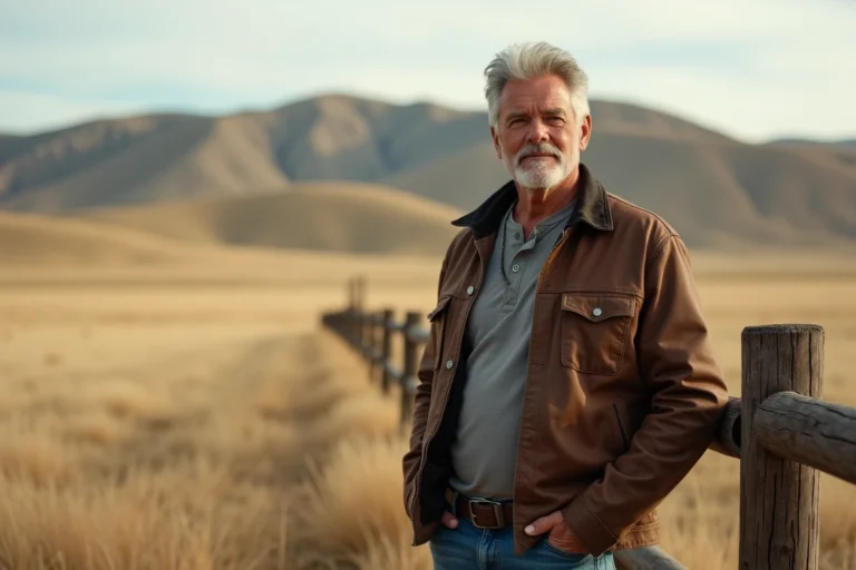Portrait d'un homme mature aux cheveux argentés en veste de cuir brun devant un paysage de ranch du Montana