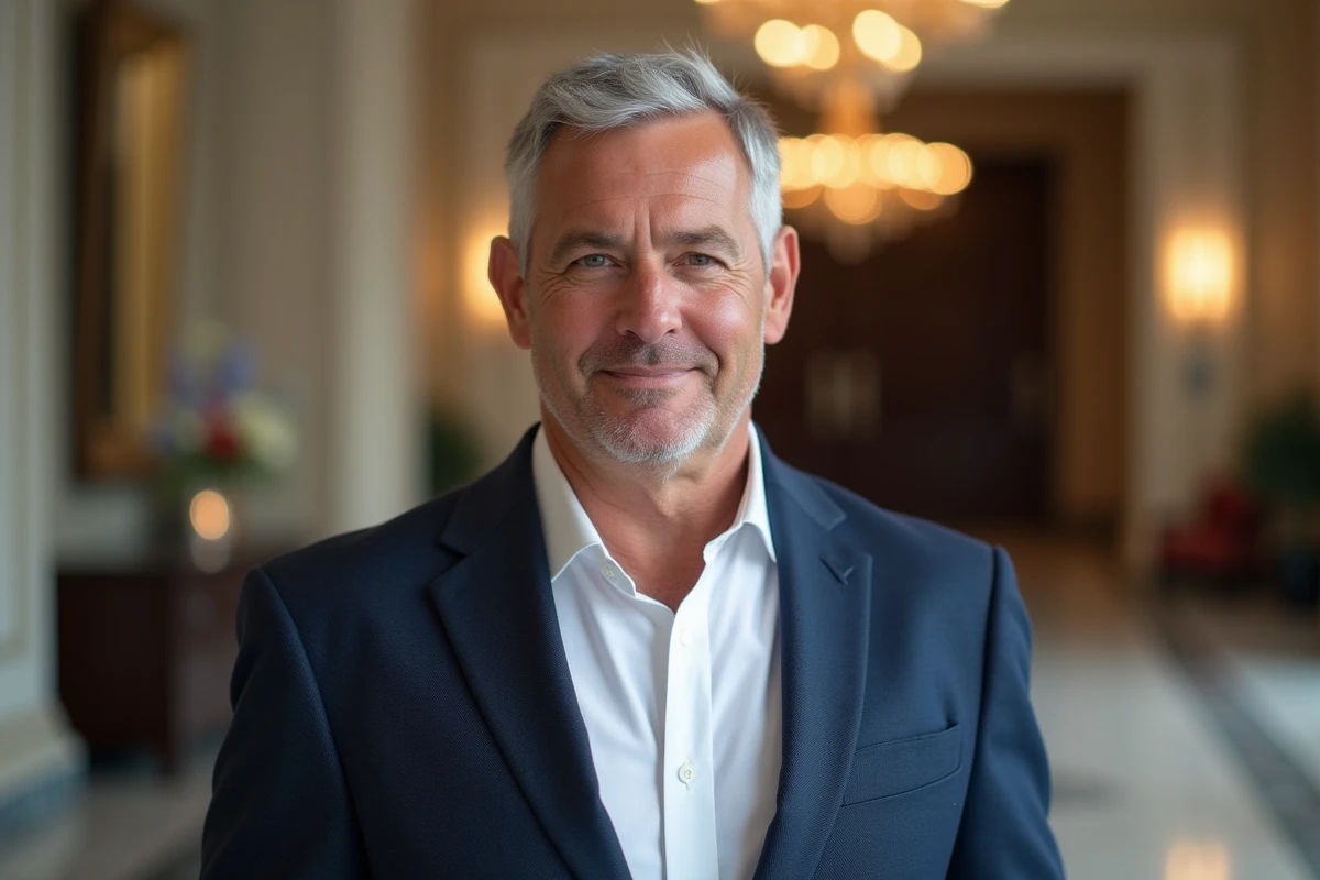 Portrait d'un homme élégant en veste bleue marine dans le hall d'un hôtel luxueux lors d'un événement mondain