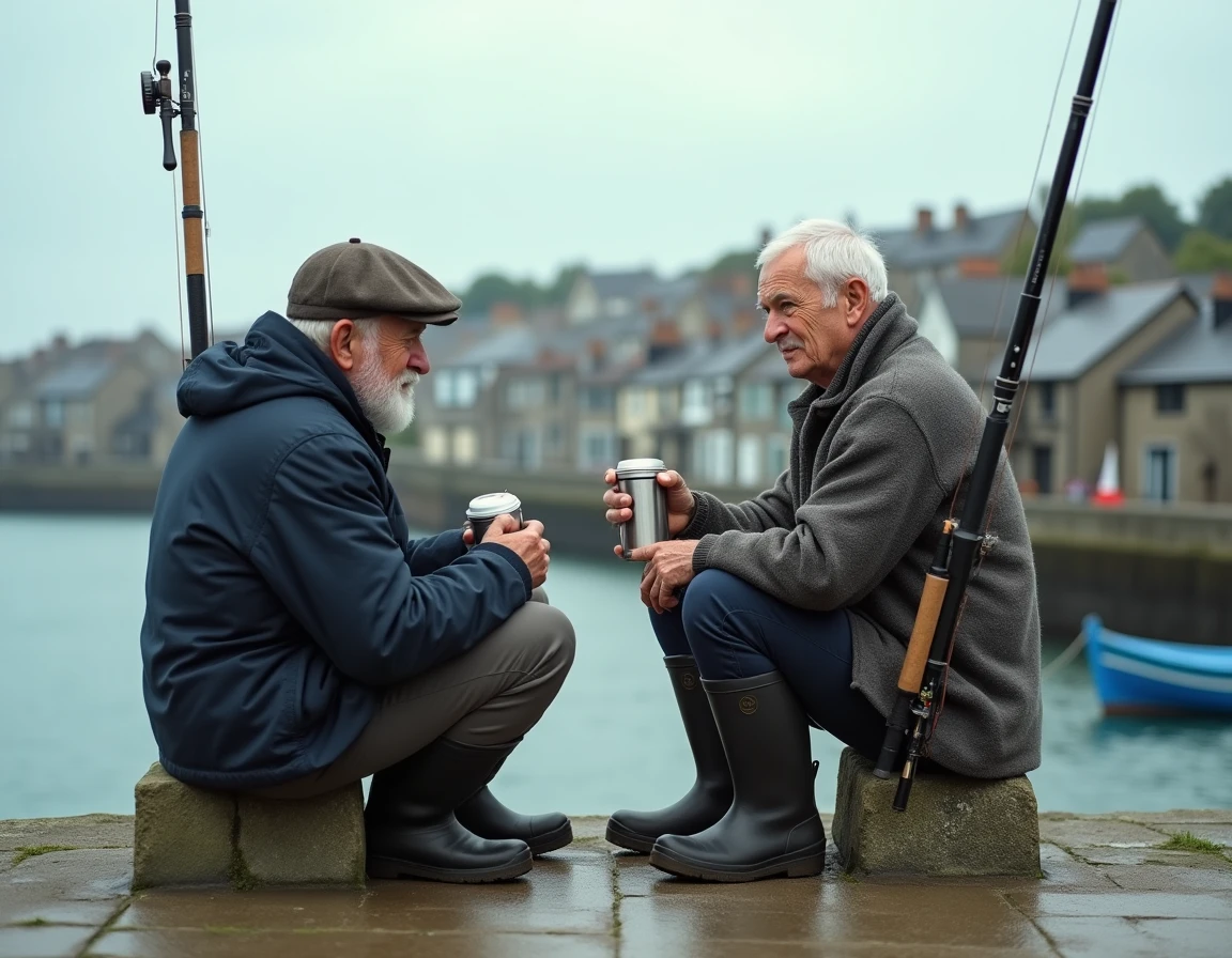 Deux pêcheurs assis sur une digue au Guilvinec avec vue sur le port et les bateaux traditionnels bretons