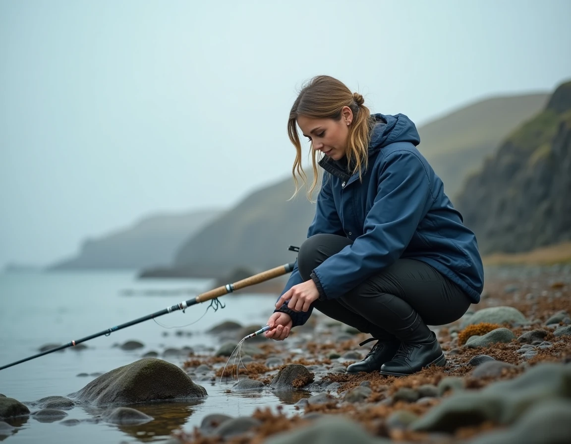 Femme pêcheuse préparant son appât sur les rochers en bord de mer près du Guilvinec