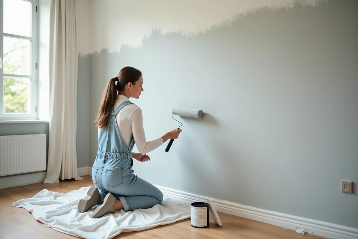 Femme peignant un mur intérieur avec un rouleau lors d'une rénovation de salon