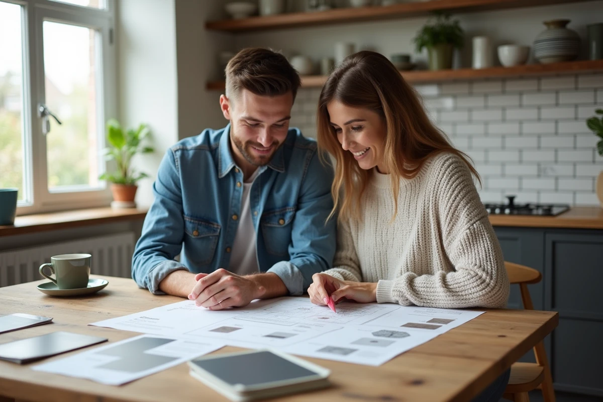 Couple planifiant des travaux de rénovation maison avec des plans et des échantillons de matériaux sur une table