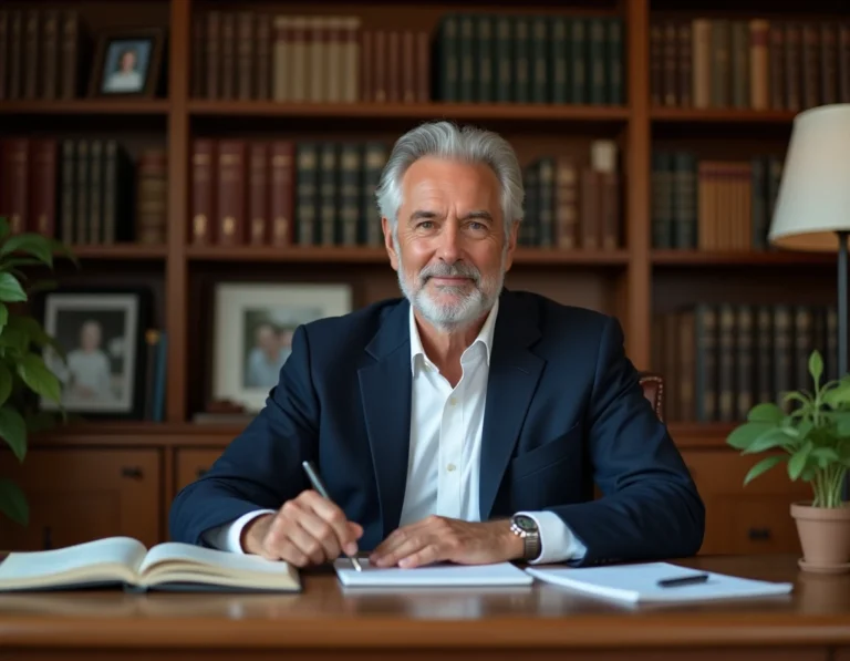 Portrait d'un homme distingué dans son bureau à domicile, entouré de livres et de photos de famille, évoquant la vie privée et l'univers familial d'un intellectuel public
