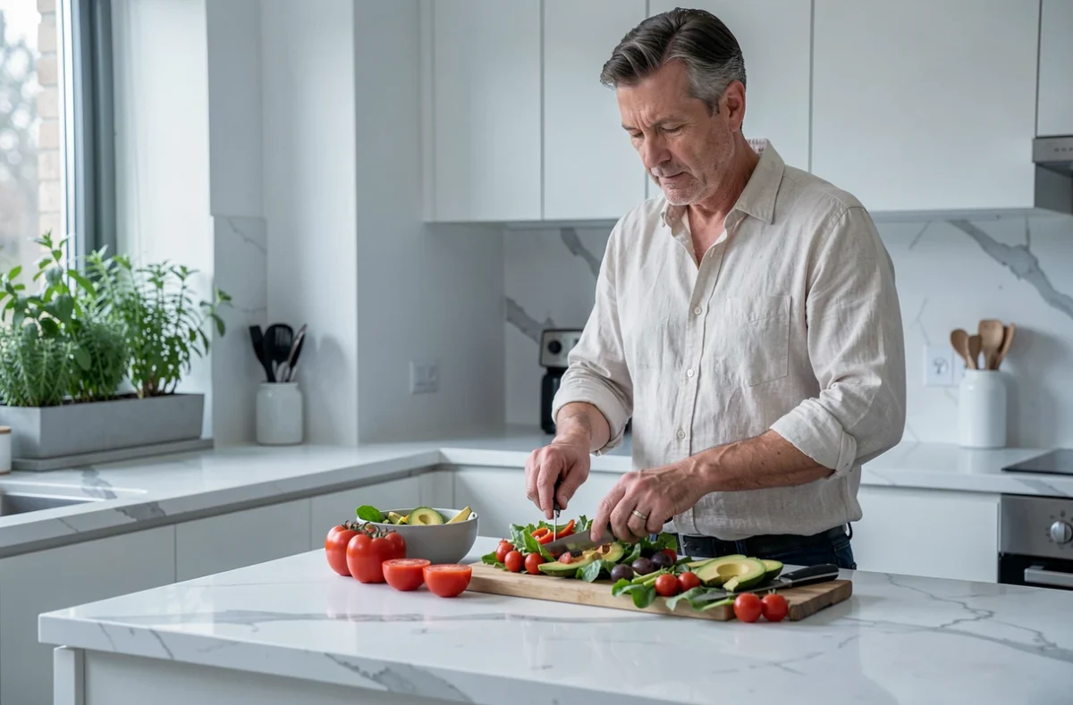 Homme préparant une salade fraîche et équilibrée dans une cuisine moderne pour une alimentation saine au quotidien