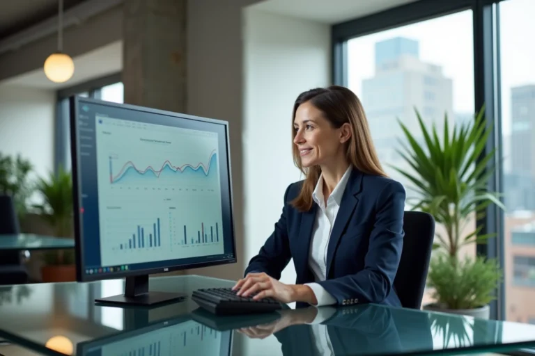 Professionnelle en blazer marine utilisant une plateforme B2B en ligne sur un écran incurvé dans un bureau moderne