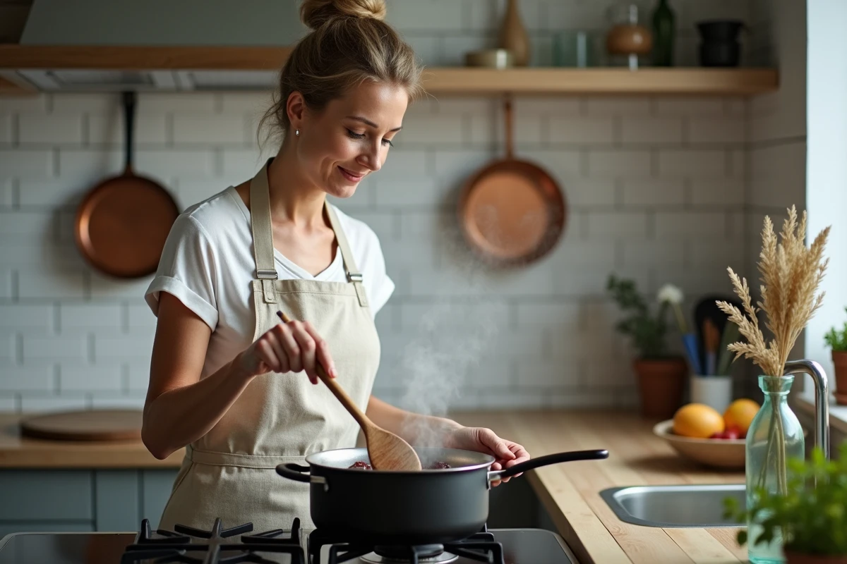 Femme en tablier de lin préparant des pruneaux cuits dans une casserole sur une cuisinière moderne