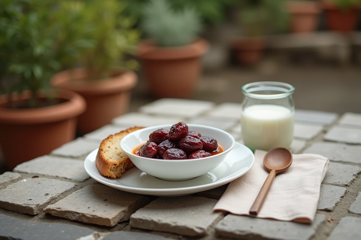 Bol de pruneaux cuits en compote servi lors d'un petit-déjeuner rustique sur une terrasse en pierre