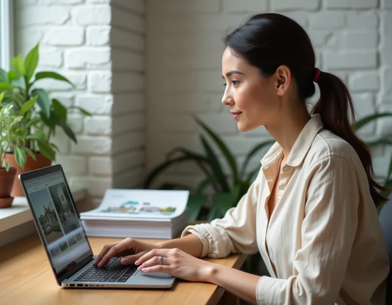 Femme cherchant des offres immobilières sur un site web depuis son bureau à domicile