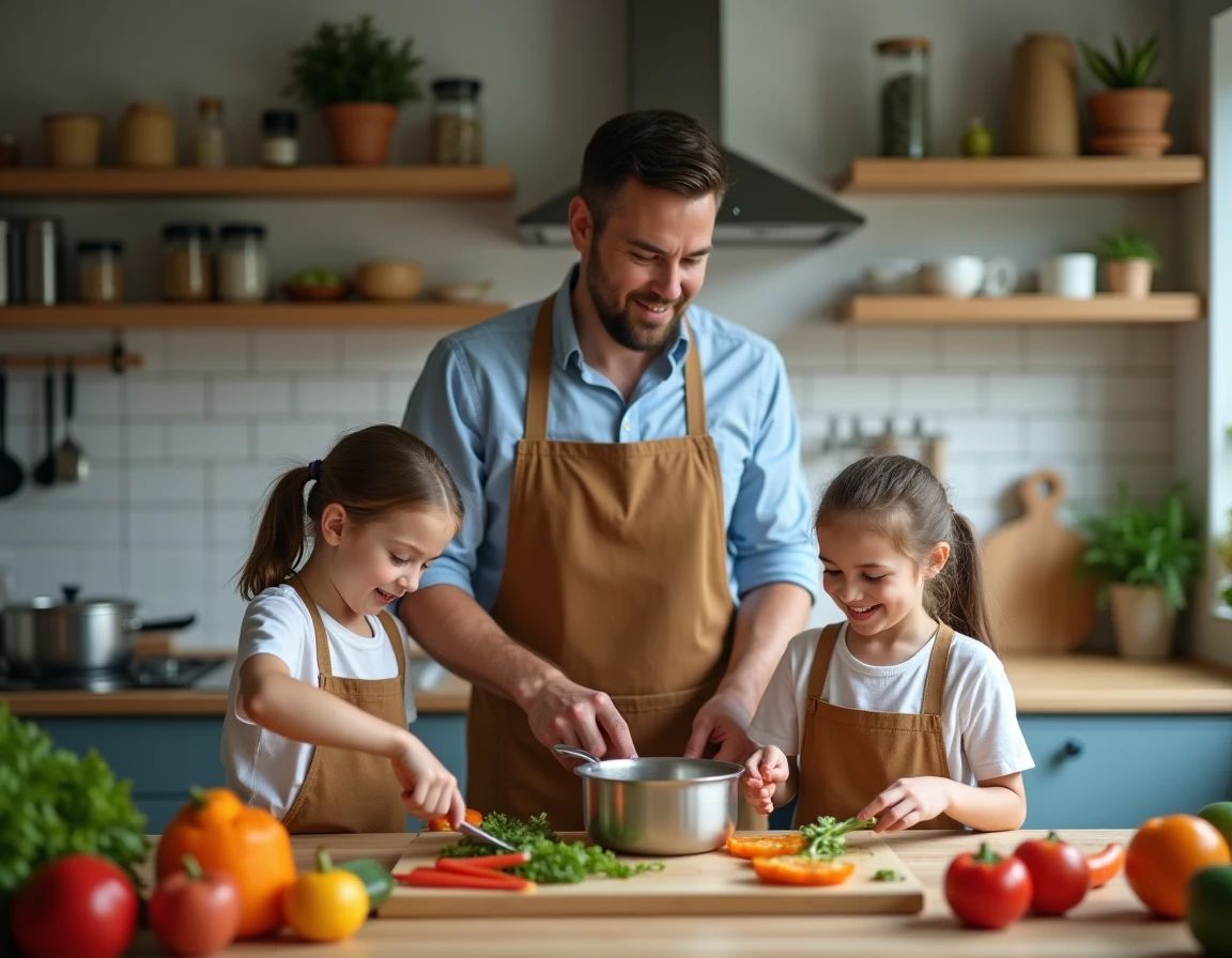 Un père et ses deux enfants qui cuisinent ensemble, redistribuant les rôles domestiques pour briser les automatismes familiaux dans une cuisine conviviale
