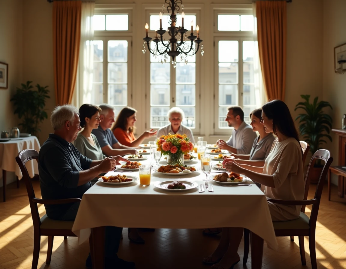 Repas de famille multigénérationnel autour d'une grande table dans un appartement parisien, illustrant les moments de vie privée et les liens familiaux