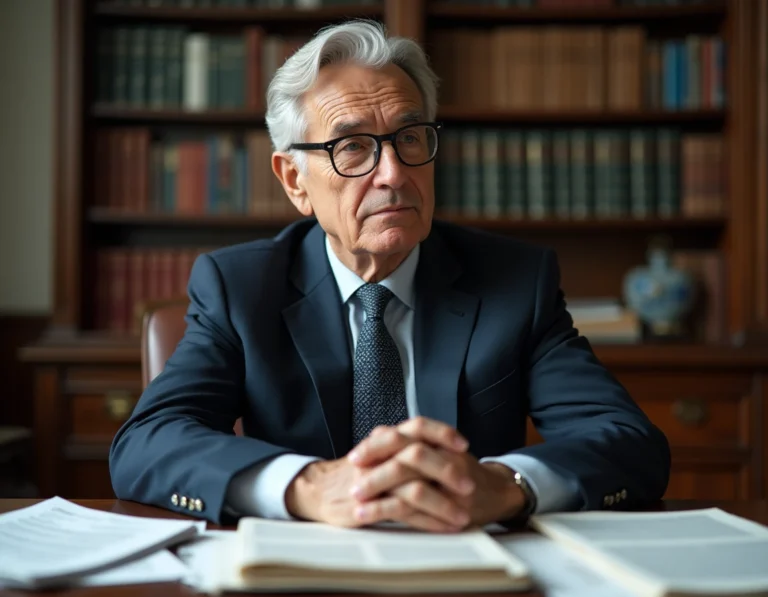 Portrait d'un analyste politique français aux cheveux argentés assis dans un bureau professionnel, illustrant les rumeurs sur la santé de personnalités médiatiques