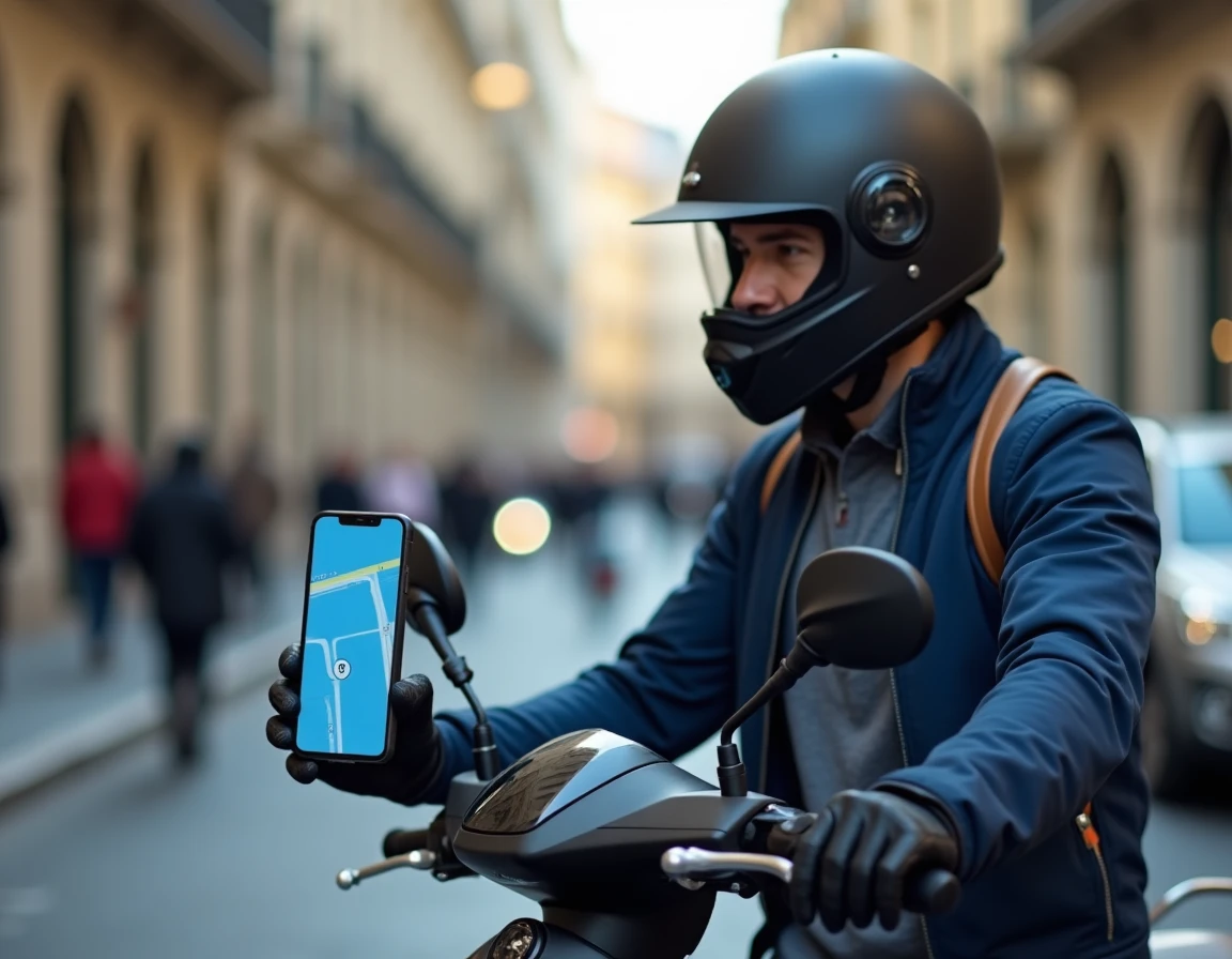 Scootériste consultant l'application Waze sur son smartphone fixé au guidon d'un scooter en ville