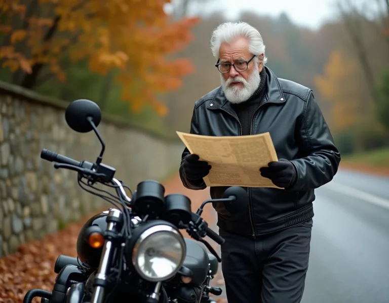 Senior de 70 ans en équipement moto cuir noir debout près d'une moto cruiser en campagne, consultant une carte routière