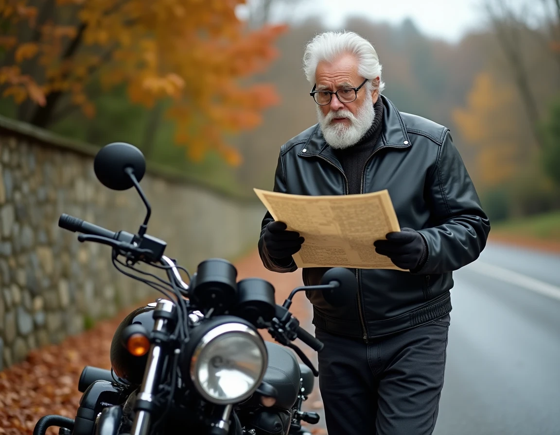 Senior de 70 ans en équipement moto cuir noir debout près d'une moto cruiser en campagne, consultant une carte routière