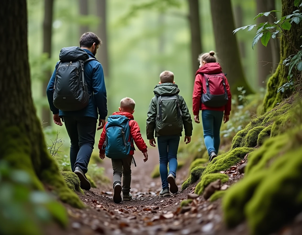Un père et ses enfants en randonnée dans une forêt dense, s'arrêtant pour observer la nature ensemble lors d'une sortie en plein air anti-stress