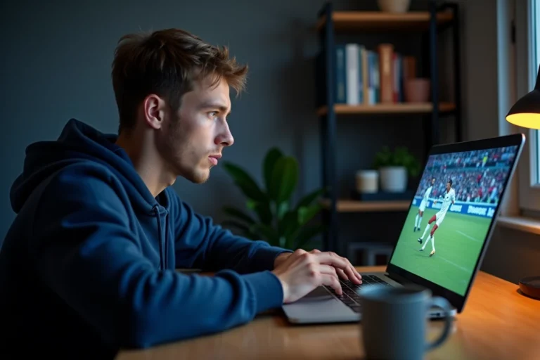 Jeune homme regardant un match de football en direct sur son ordinateur portable depuis son bureau à domicile