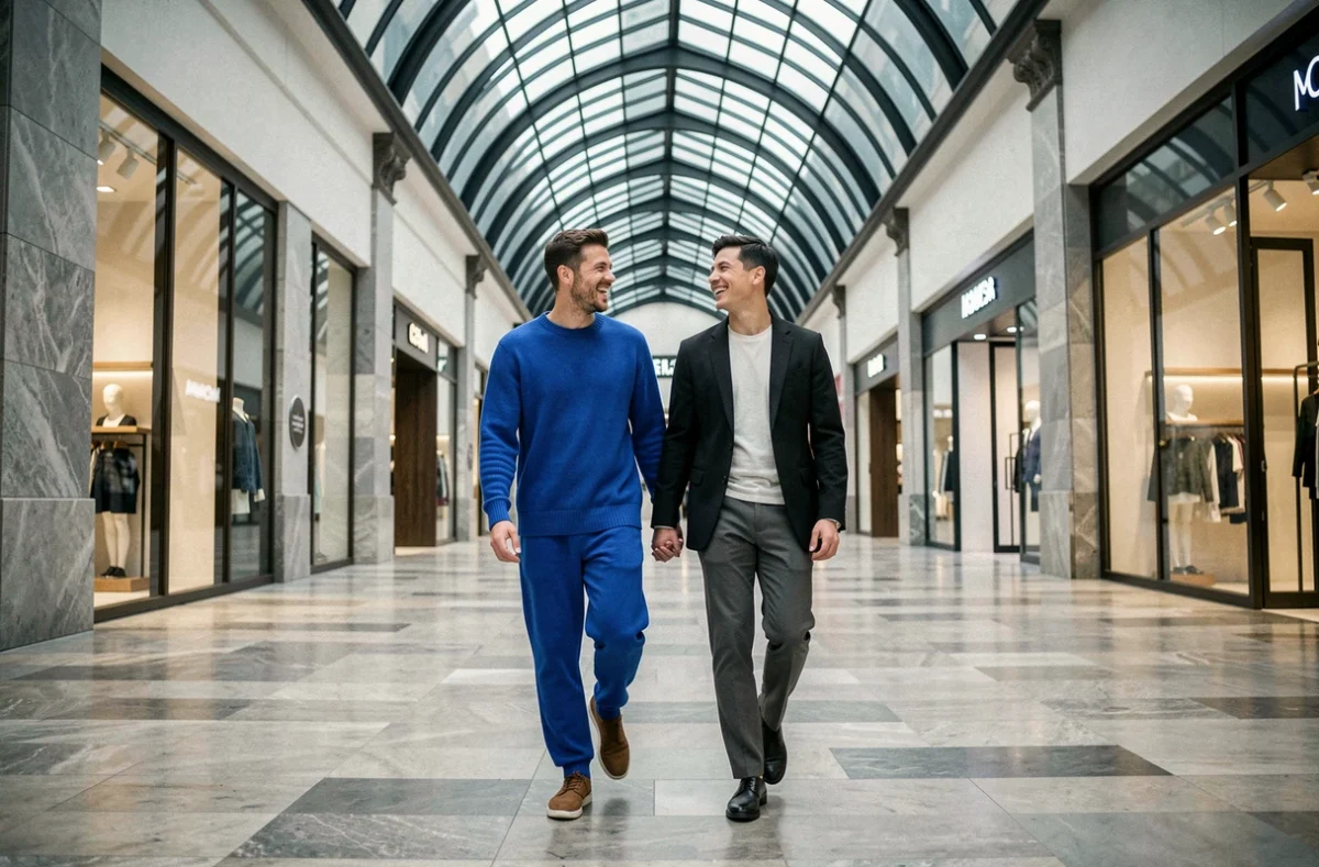 Deux amies marchant et riant dans une galerie marchande contemporaine, l'une en ensemble tricoté bleu cobalt et l'autre en long blazer noir