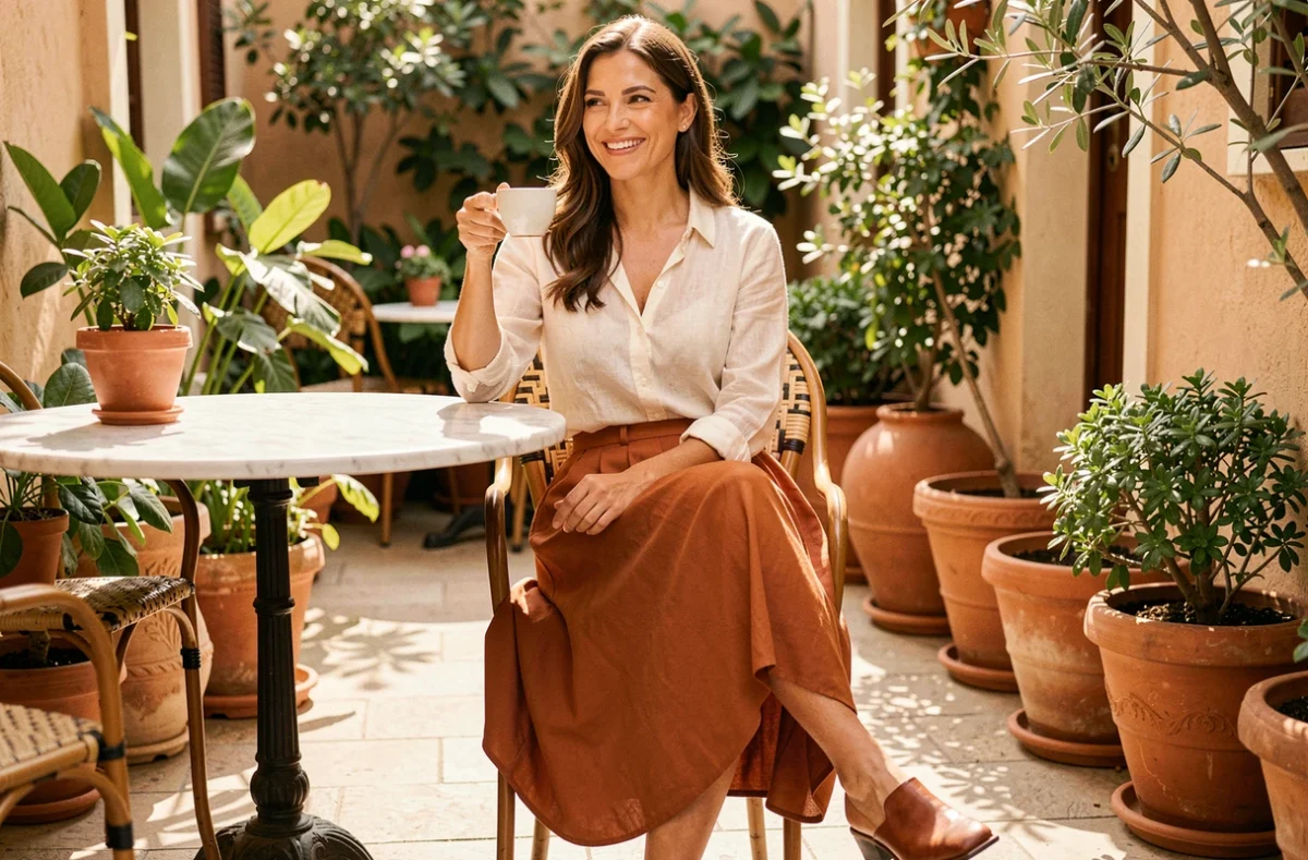 Femme en jupe midi rouille et blouse en lin assise en terrasse de café avec des plantes et des pots en terre cuite