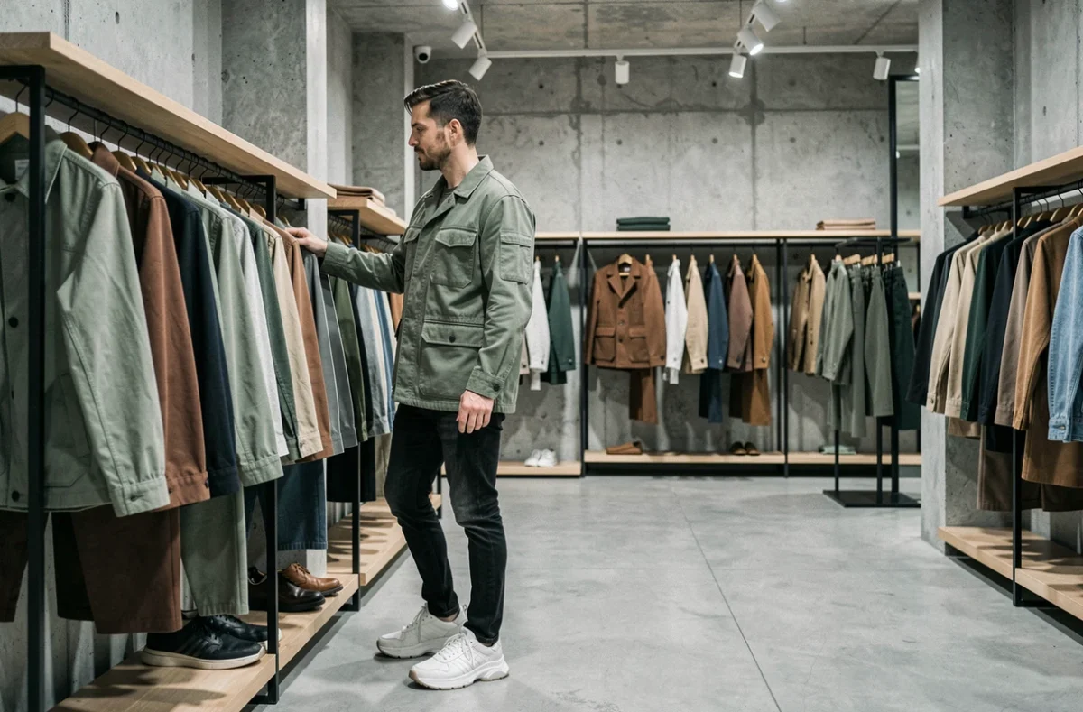 Homme en veste utilitaire vert sauge et jean slim dans un concept store minimaliste aux murs en béton
