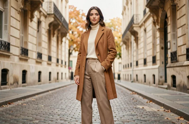 Femme portant un manteau en laine camel structuré et un pantalon large tailleur dans une rue pavée parisienne en automne