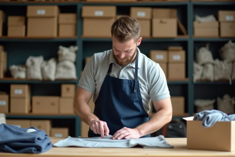 Travailleur en ESAT pliant des articles textiles dans un atelier professionnel adapté