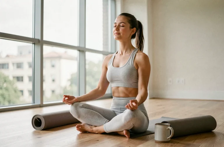 Femme pratiquant le yoga le matin dans un appartement minimaliste pour préserver sa santé au quotidien